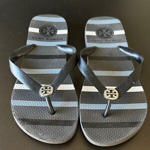 Tory Burch Black and Gray Striped Flip Flops